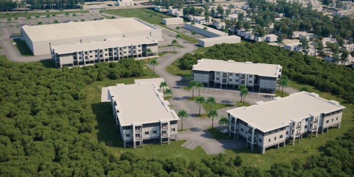 Workforce housing rendition an aerial view of a group of buildings