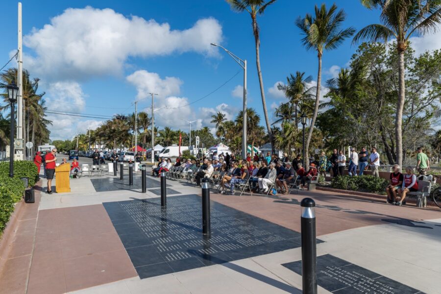 a group of people sitting on benches next to palm trees