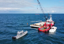 two boats in the water with a crane in the background