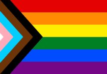 a rainbow colored background with an arrow in the center