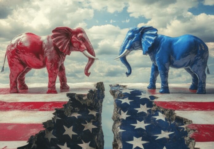 a couple of elephants standing on top of an american flag