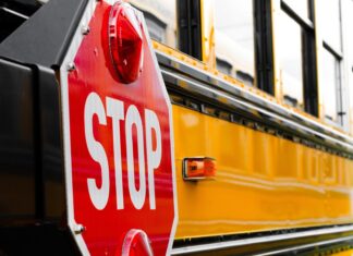 a close up of a stop sign on a school bus