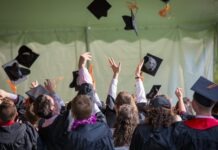 Group of graduates celebrating by tossing caps into the air during a graduation ceremony.