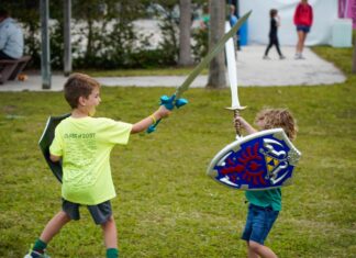 two young boys playing with a sword and shield