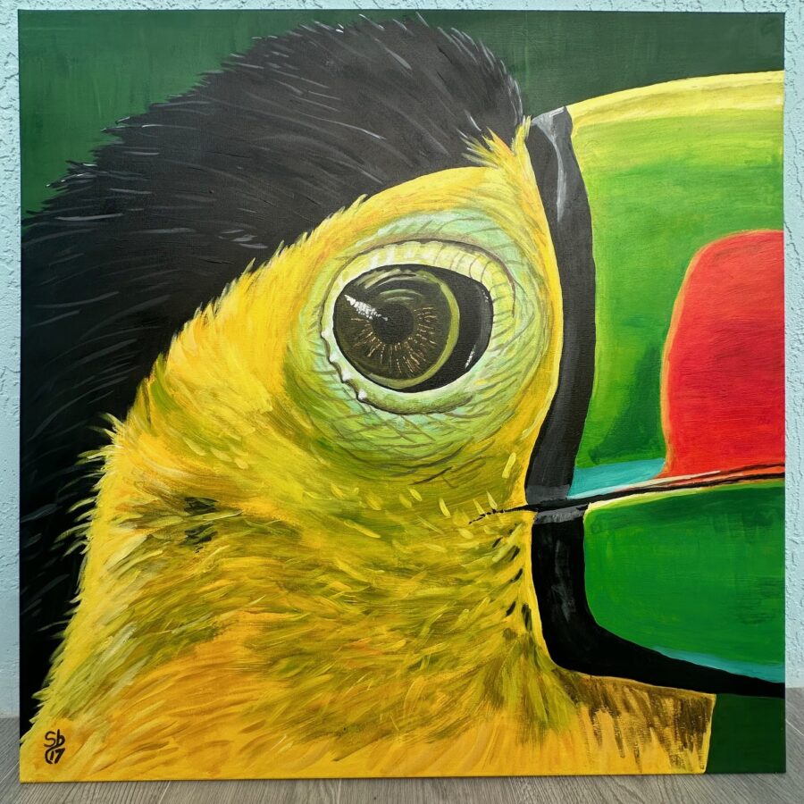 a painting of a yellow toucan with a black beak