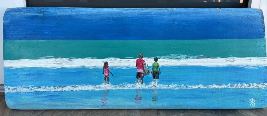 a painting of three people walking into the ocean