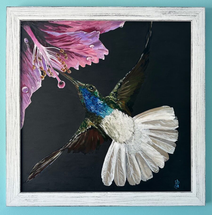 a painting of a hummingbird flying in front of a pink flower