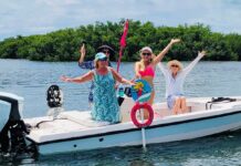 three women on a small boat in the water