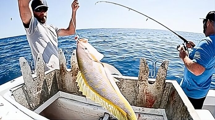 a couple of men on a boat with a fish