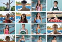 a collage of a group of people standing around a swimming pool