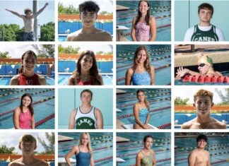 a collage of a group of people standing around a swimming pool