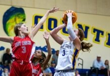 a group of girls playing a game of basketball