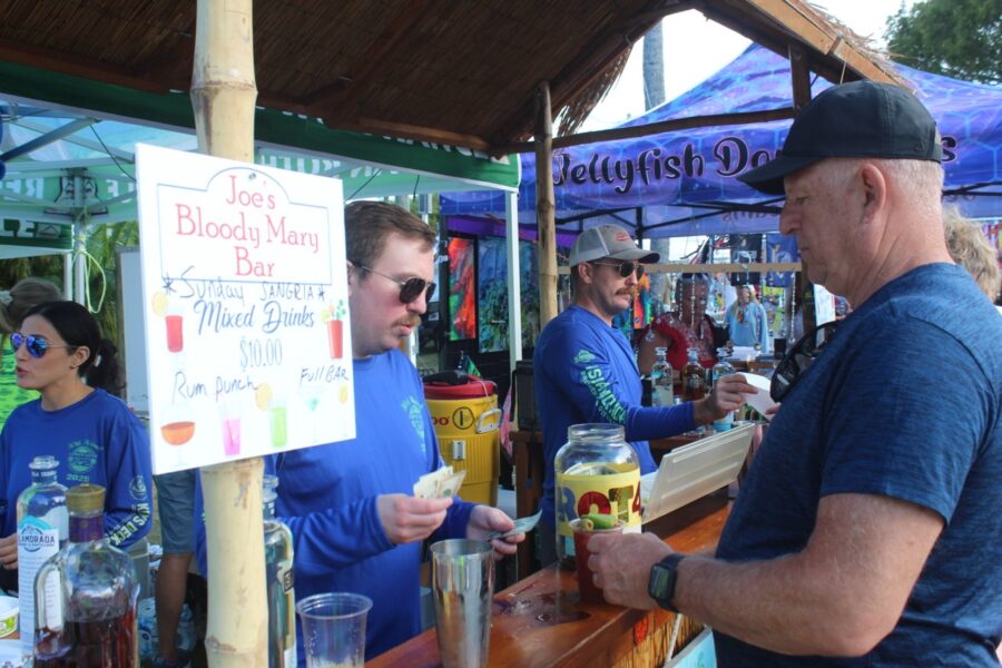 a group of people standing around a bar