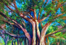 a painting of a large tree in a park