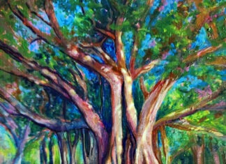 a painting of a large tree in a park