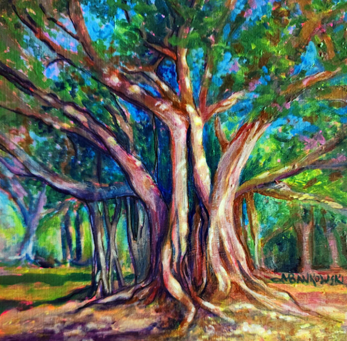 a painting of a large tree in a park