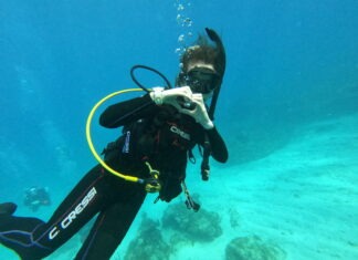 a man in a scuba suit is diving in the water