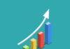 a colorful bar chart with an arrow going up