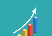 a colorful bar chart with an arrow going up