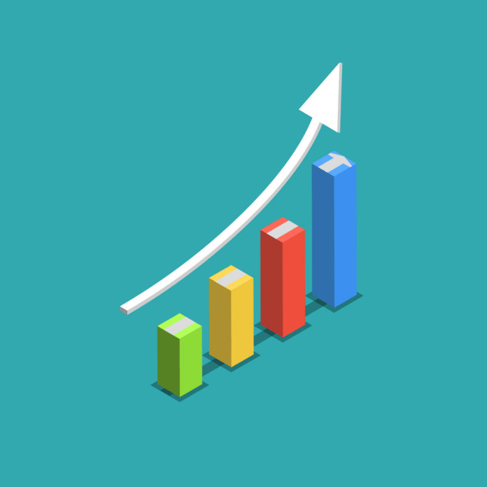 a colorful bar chart with an arrow going up