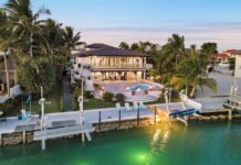 an aerial view of a waterfront home at dusk