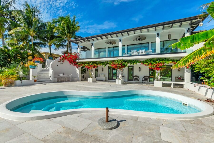 a house with a swimming pool in front of it