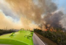 a green bus driving down a road with a fire in the background