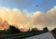 a large plume of smoke is seen from the road