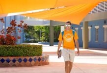 a man walking down a sidewalk wearing a yellow shirt