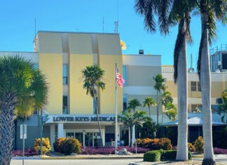 a yellow building with palm trees in front of it