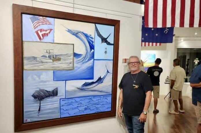 Pasta with artwork a man standing in front of a painting on a wall