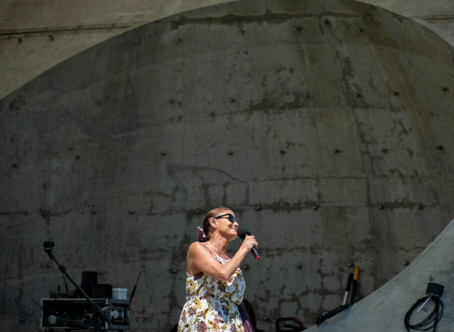 a woman in a dress sings into a microphone
