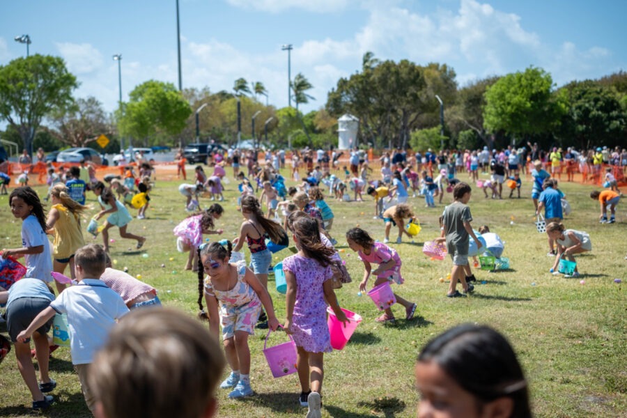 a large group of children playing in a field