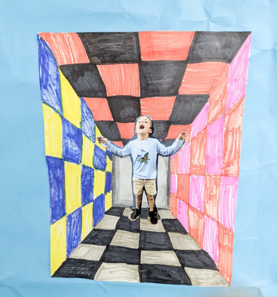a child's drawing of a boy standing in a hallway
