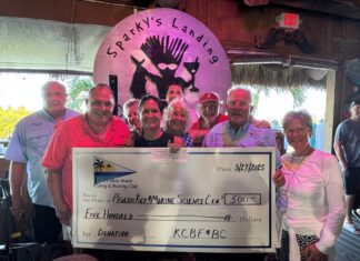 a group of people standing around a giant check