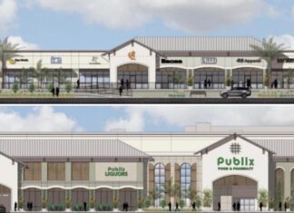 two renderings of a building with a parking lot in front of it