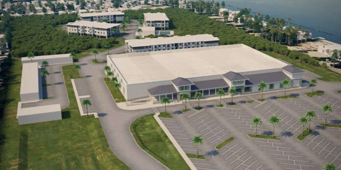 Publix Tavernier rendition an aerial view of a parking lot next to a body of water