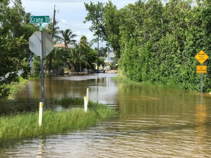 Twin Lakes 2 a flooded street with a street sign in the middle of it