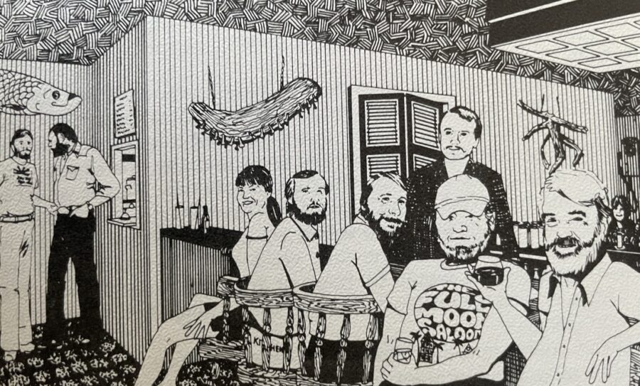 a drawing of a group of people in a room