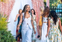 a group of women walking down a sidewalk