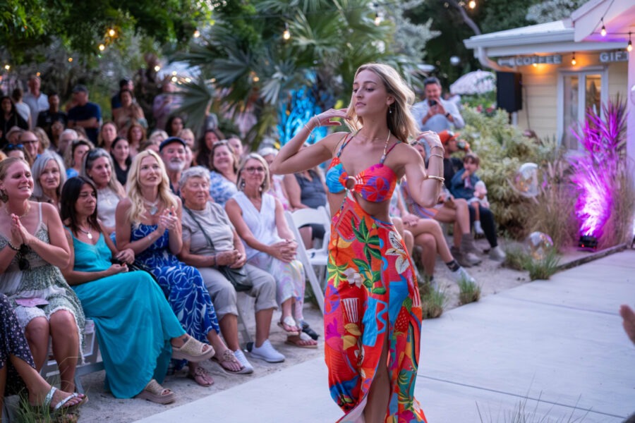 a woman in a colorful dress standing in front of a crowd