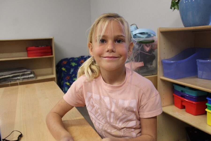 a little girl sitting at a desk with a laptop