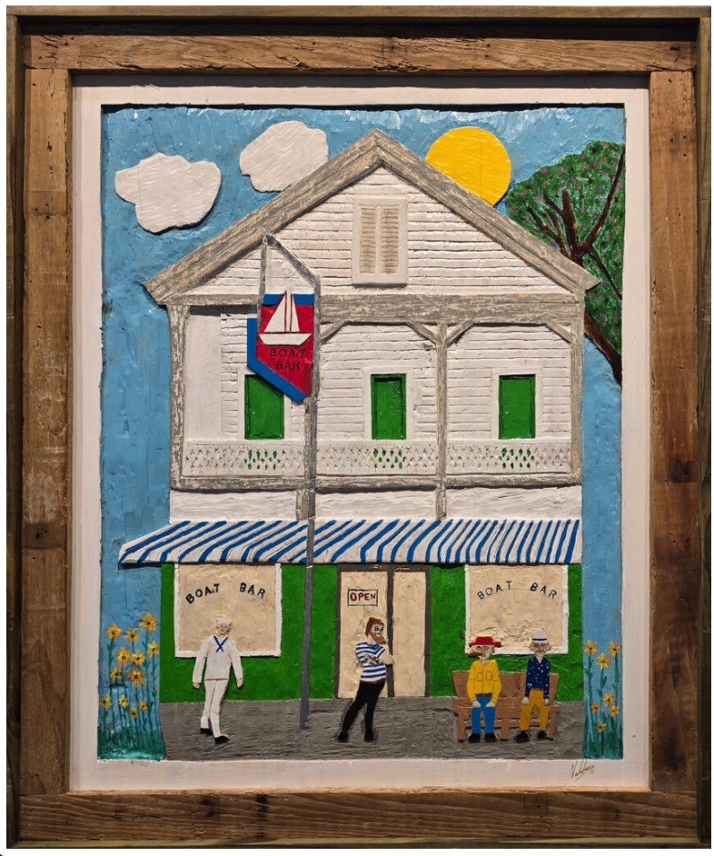 a painting of a building with people standing outside of it