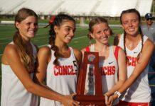 a group of girls standing next to each other holding a trophy