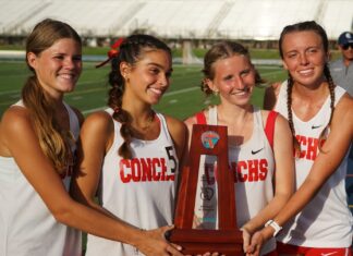 12 KEYS TRACK-AND-FIELD ATHLETES SHOW OUT DURING DISTRICTS a group of girls standing next to each other holding a trophy