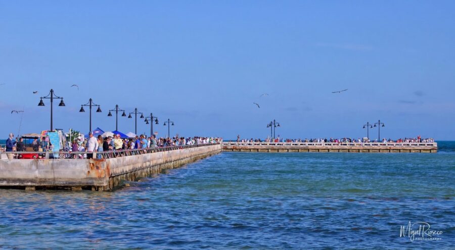 a group of people standing on a pier next to the ocean