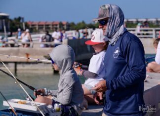 a group of people standing on a pier next to a body of water