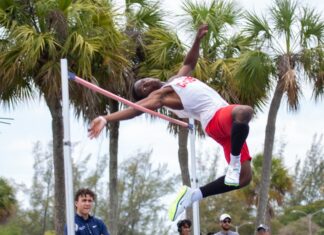 a man is doing a high jump on a pole
