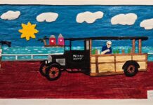 a painting of a man and a woman standing in front of a truck