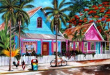 a painting of a colorful house on a street